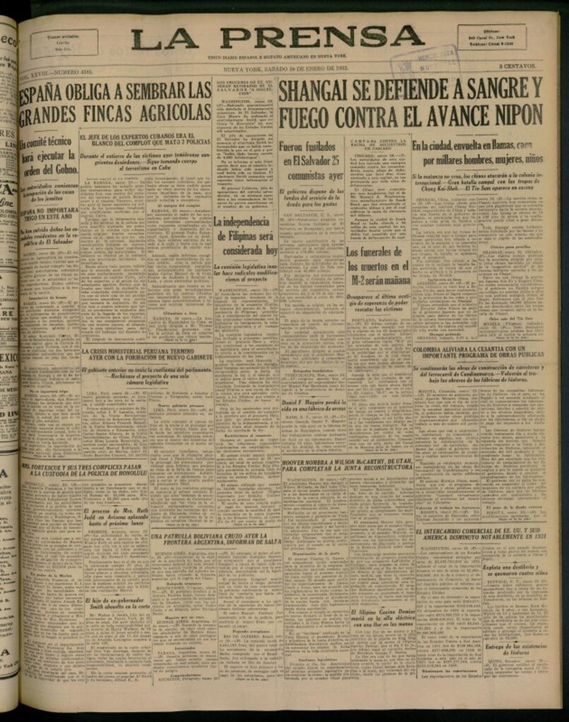 Miniatura de La Prensa: único diario español e hispano americano en Nueva York del 30 de enero de 1932, nº 4385