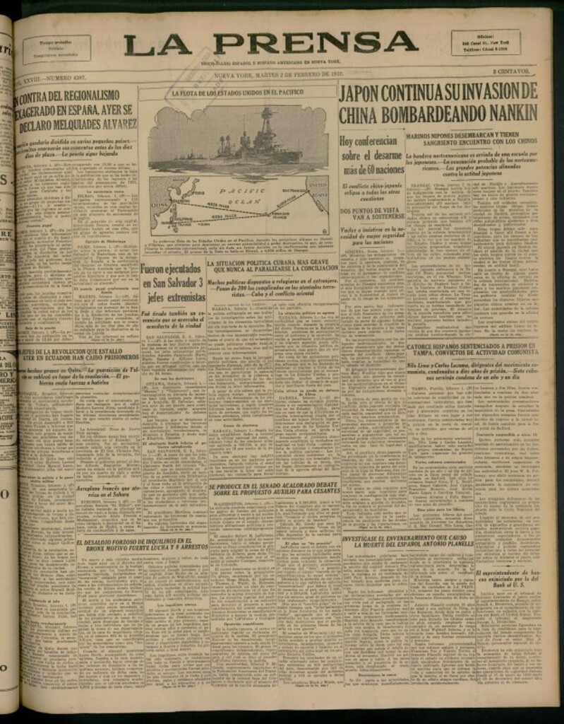 Miniatura de La Prensa: único diario español e hispano americano en Nueva York del 2 de febrero de 1932, nº 4387