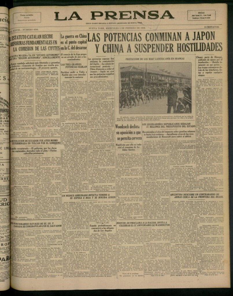 Miniatura de La Prensa: único diario español e hispano americano en Nueva York del 3 de febrero de 1932, nº 4388