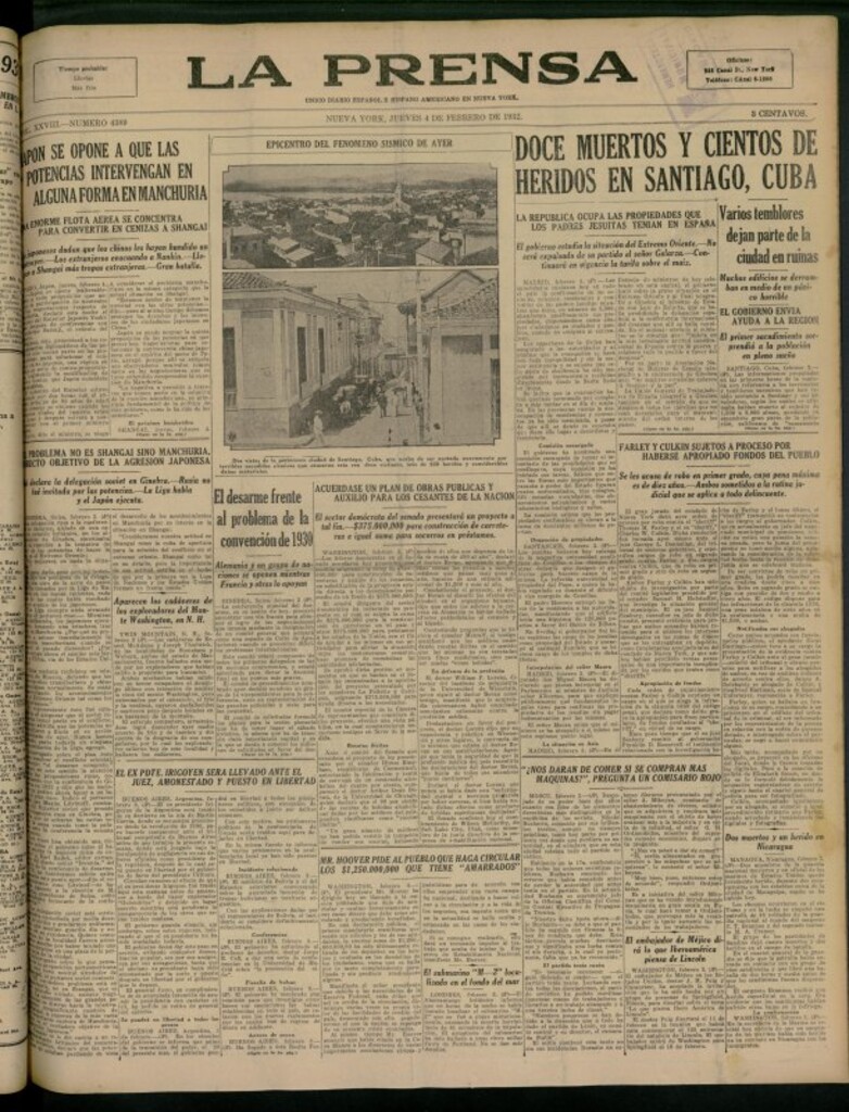 Miniatura de La Prensa: único diario español e hispano americano en Nueva York del 4 de febrero de 1932, nº 4389