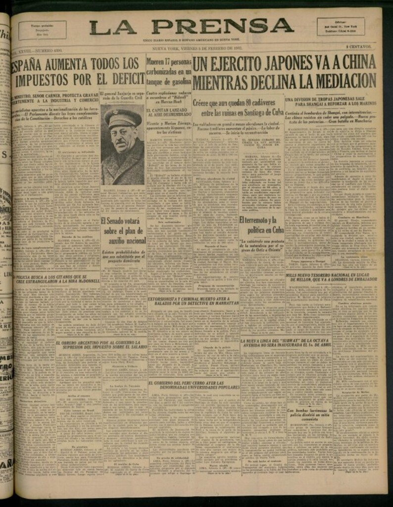 Miniatura de La Prensa: único diario español e hispano americano en Nueva York del 5 de febrero de 1932, nº 4390