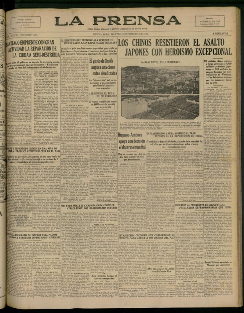 Miniatura de La Prensa: único diario español e hispano americano en Nueva York del 9 de febrero de 1932, nº 4393