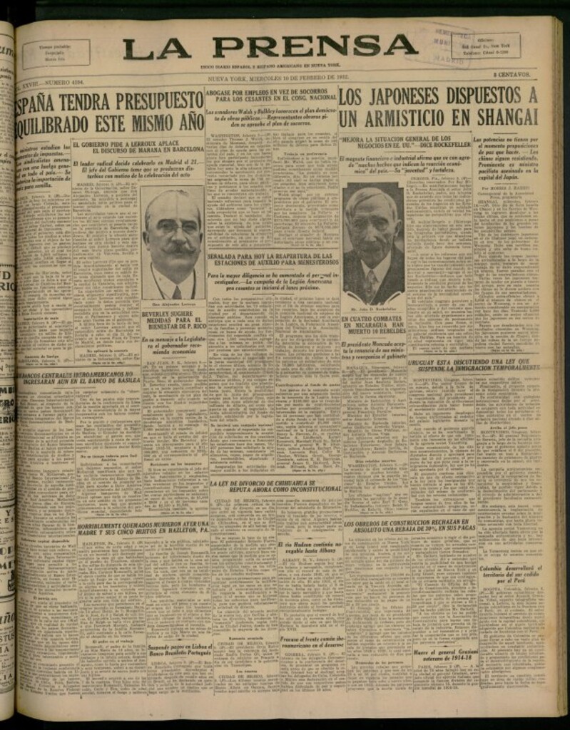 Miniatura de La Prensa: único diario español e hispano americano en Nueva York del 10 de febrero de 1932, nº 4394