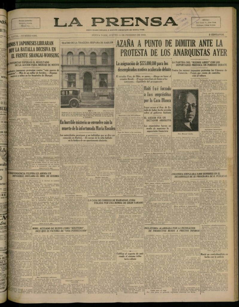 Miniatura de La Prensa: único diario español e hispano americano en Nueva York del 11 de febrero de 1932, nº 4395