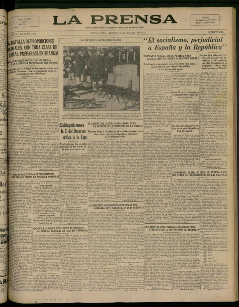 Miniatura de La Prensa: único diario español e hispano americano en Nueva York del 12 de febrero de 1932, nº 4396