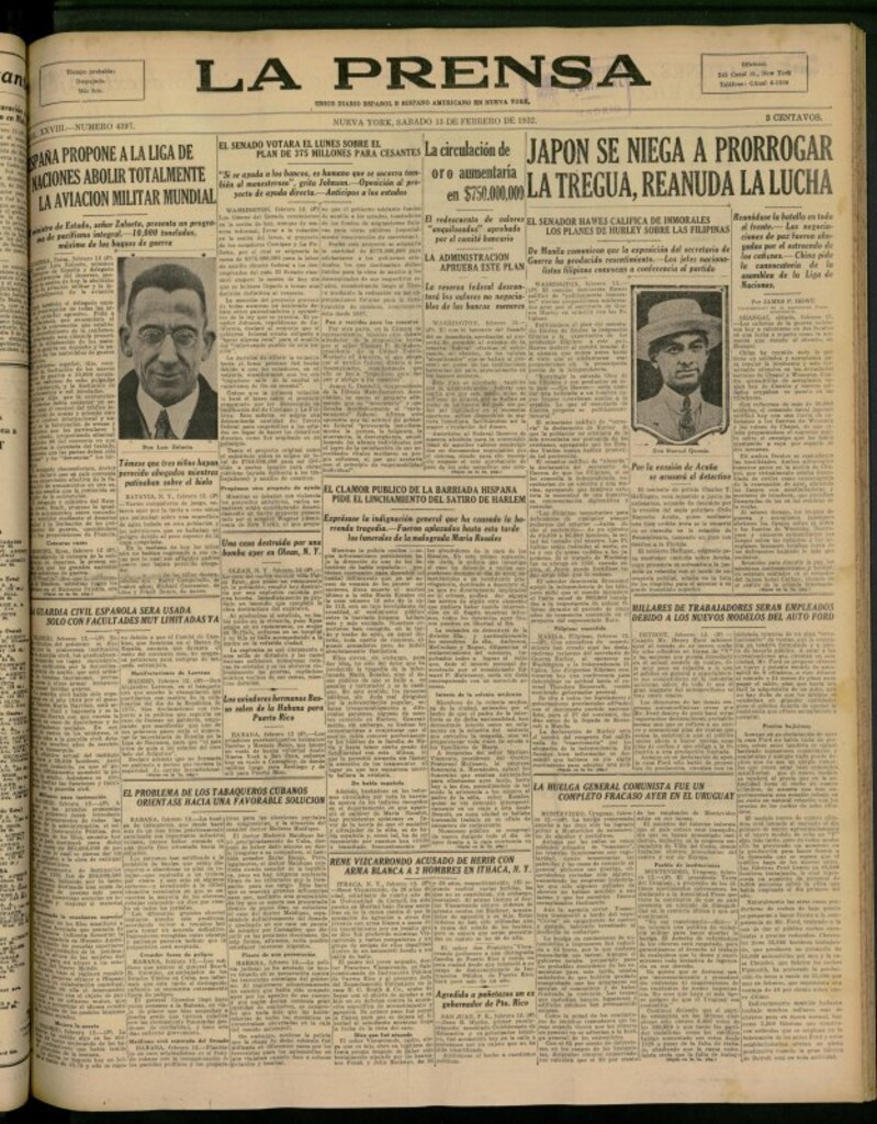 Miniatura de La Prensa: único diario español e hispano americano en Nueva York del 13 de febrero de 1932, nº 4397