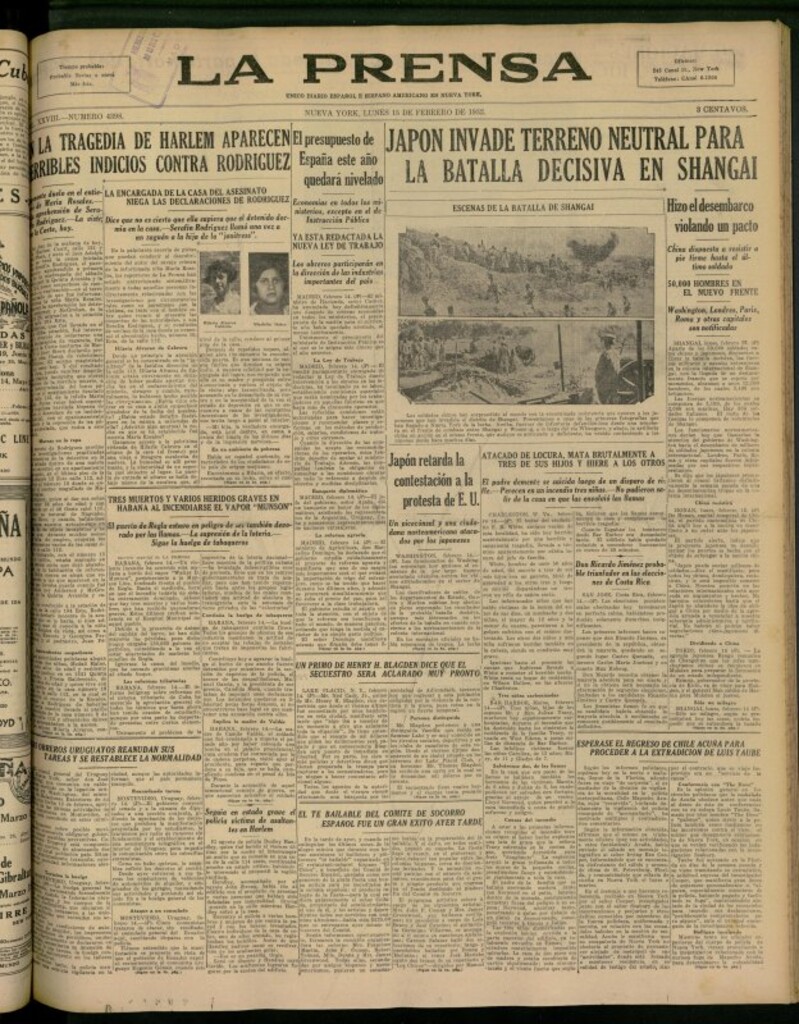 Miniatura de La Prensa: único diario español e hispano americano en Nueva York del 15 de febrero de 1932, nº 4398