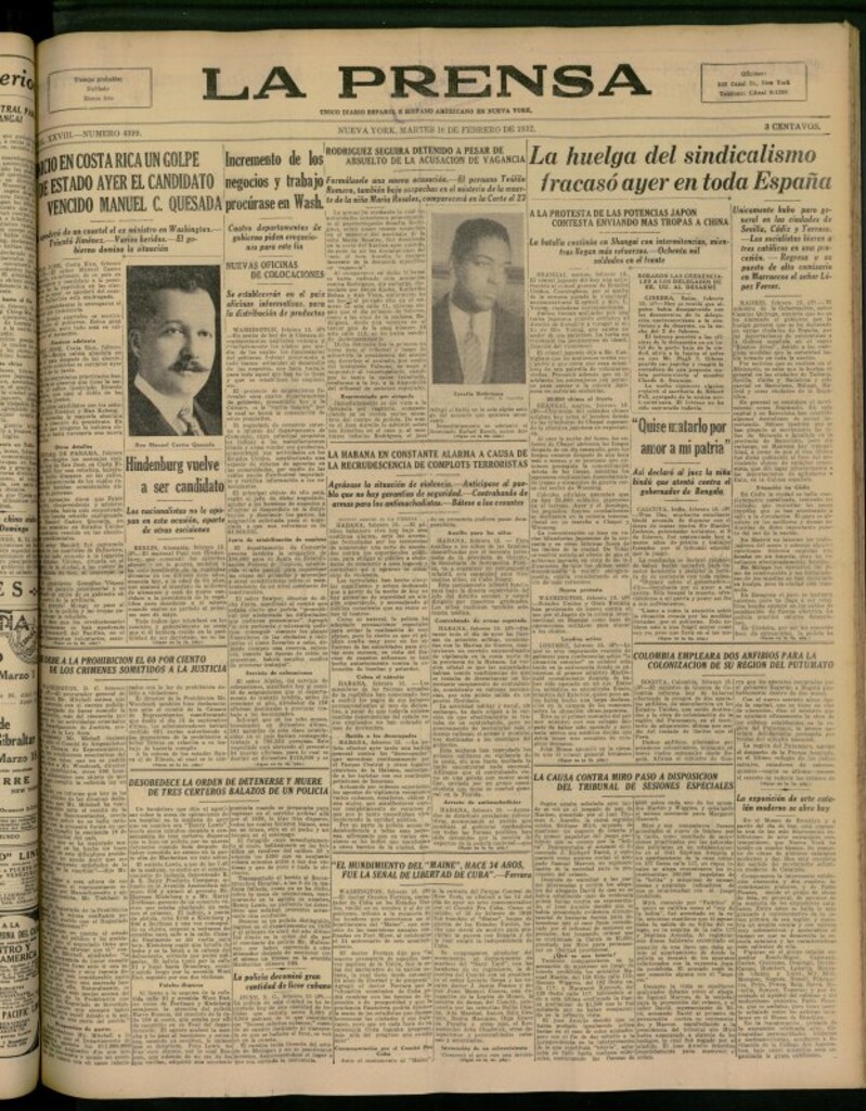 Miniatura de La Prensa: único diario español e hispano americano en Nueva York del 16 de febrero de 1932, nº 4399