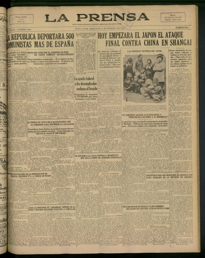 Miniatura de La Prensa: único diario español e hispano americano en Nueva York del 17 de febrero de 1932, nº 4400