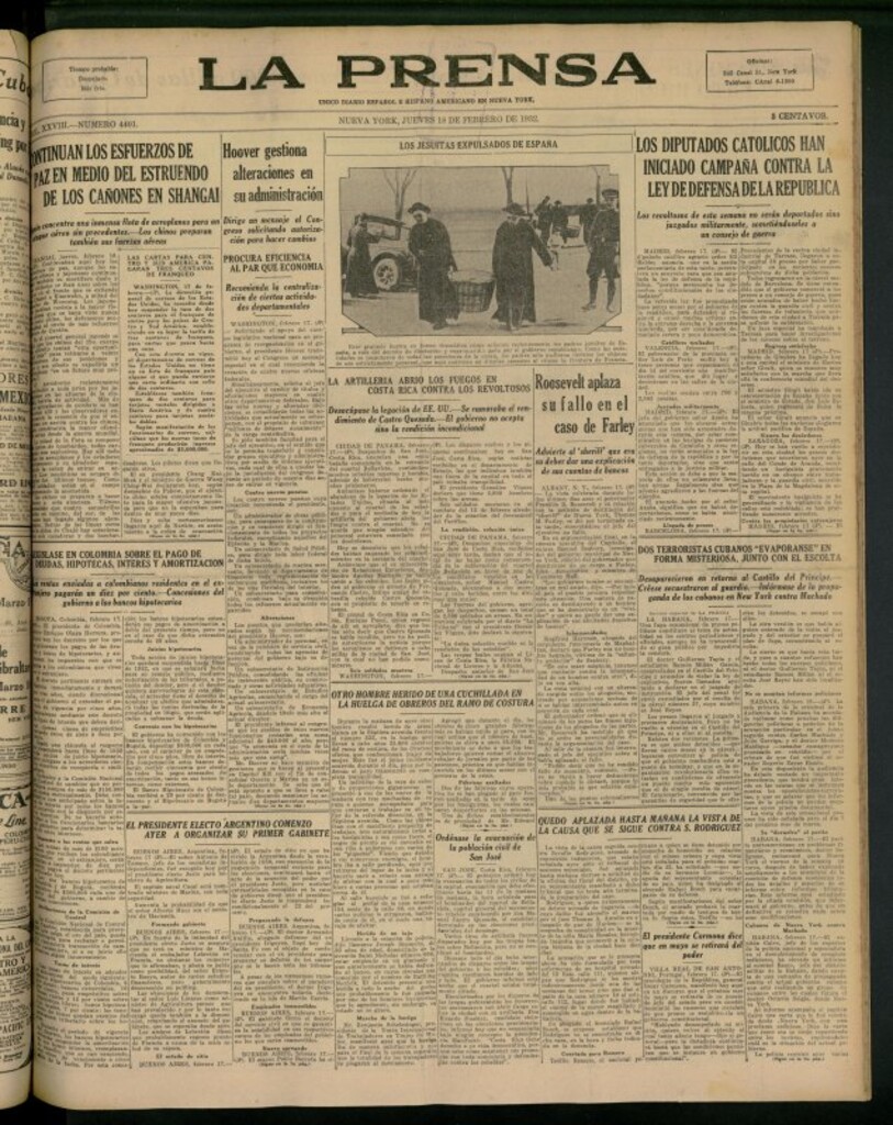 Miniatura de La Prensa: único diario español e hispano americano en Nueva York del 18 de febrero de 1932, nº 4401