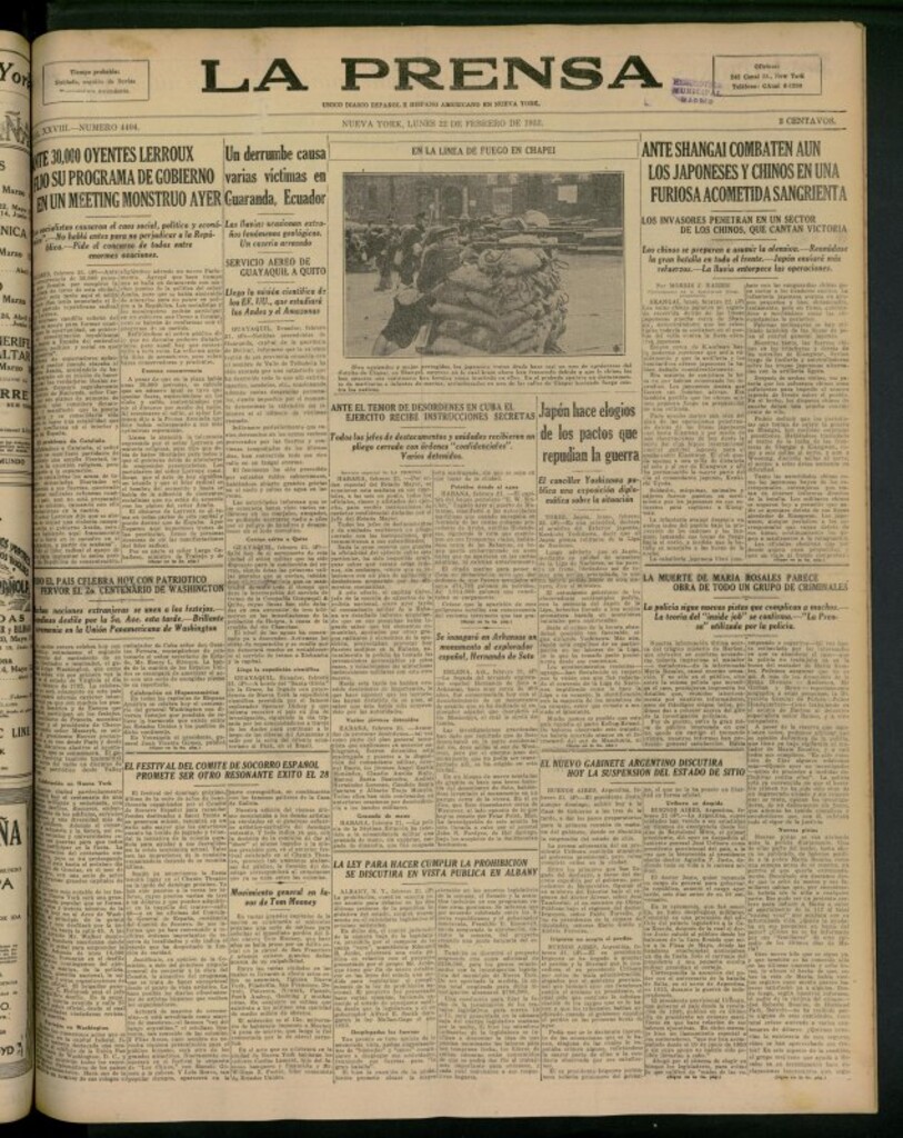 Miniatura de La Prensa: único diario español e hispano americano en Nueva York del 22 de febrero de 1932, nº 4404