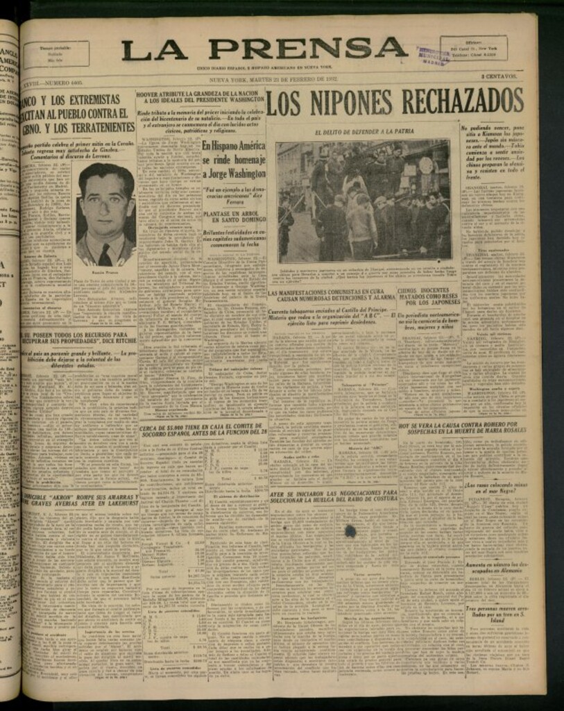 Miniatura de La Prensa: único diario español e hispano americano en Nueva York del 23 de febrero de 1932, nº 4405