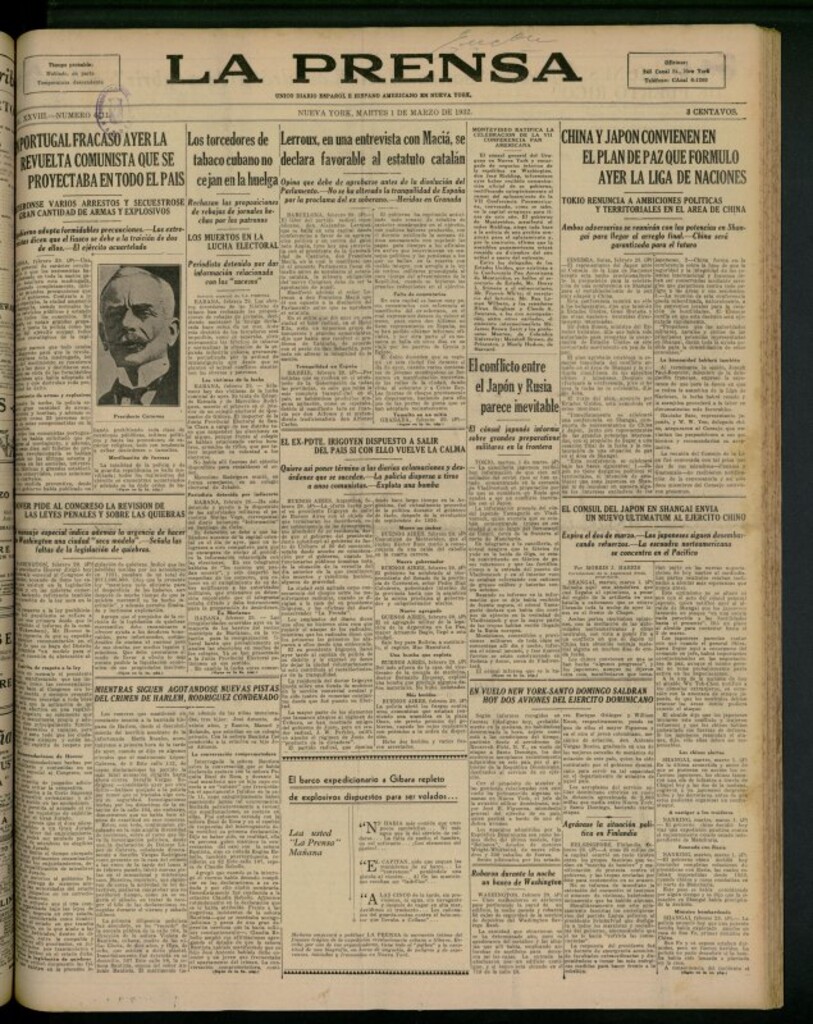 Miniatura de La Prensa: único diario español e hispano americano en Nueva York del 1 de marzo de 1932, nº 4411