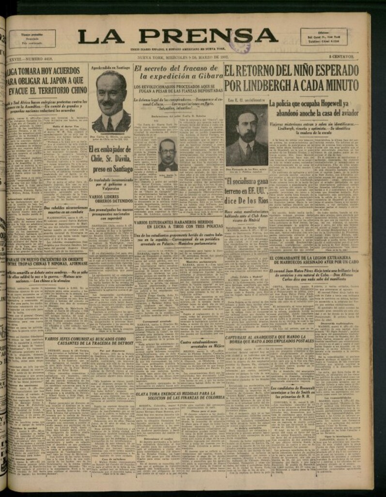 Miniatura de La Prensa: único diario español e hispano americano en Nueva York del 9 de marzo de 1932, nº 4418