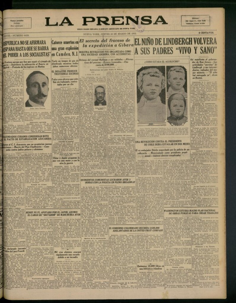 Miniatura de La Prensa: único diario español e hispano americano en Nueva York del 10 de marzo de 1932, nº 4419