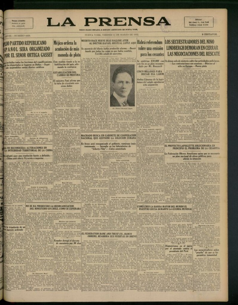Miniatura de La Prensa: único diario español e hispano americano en Nueva York del 11 de marzo de 1932, nº 4420