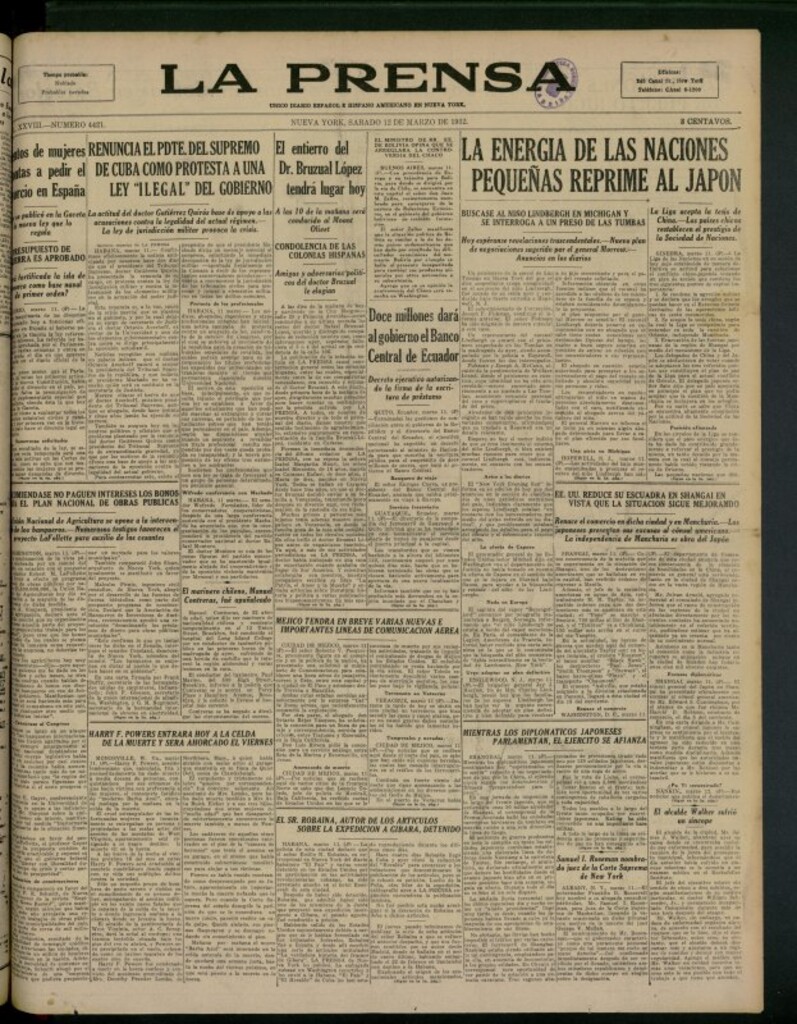 Miniatura de La Prensa: único diario español e hispano americano en Nueva York del 12 de marzo de 1932, nº 4421