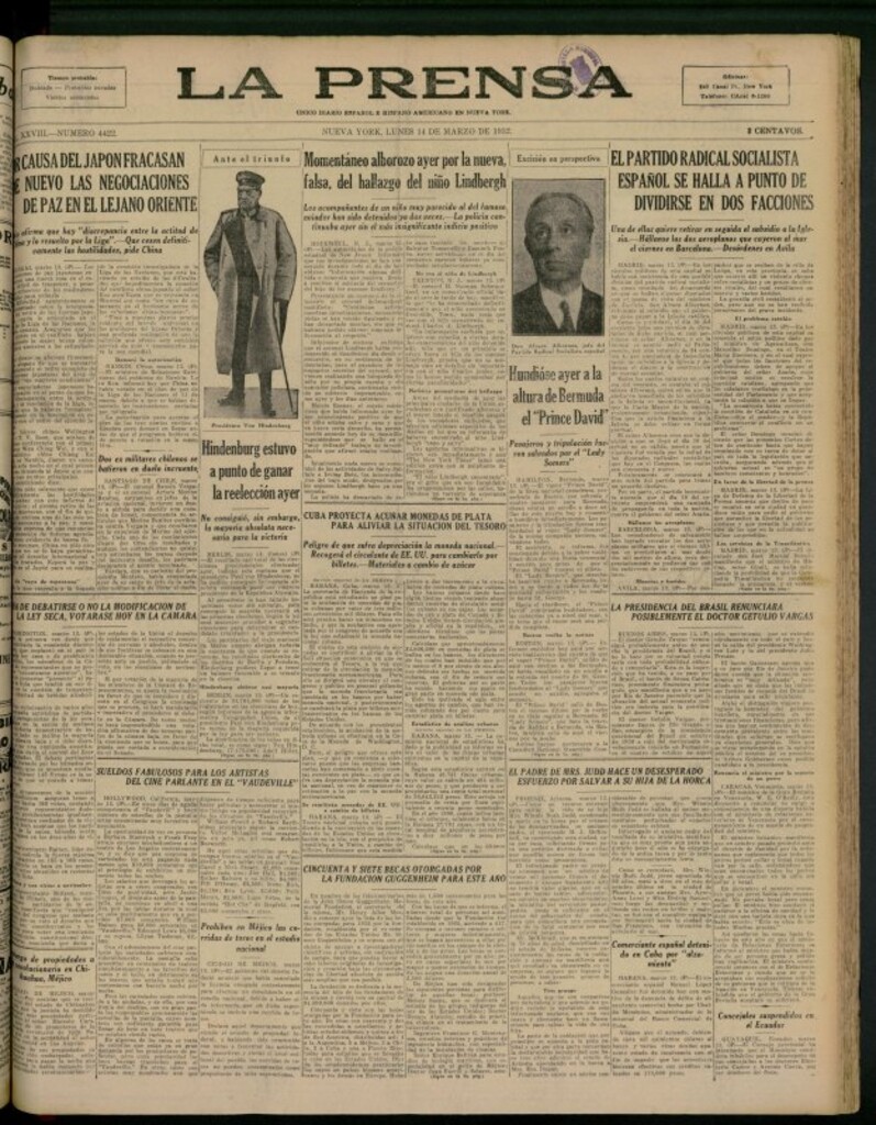 Miniatura de La Prensa: único diario español e hispano americano en Nueva York del 14 de marzo de 1932, nº 4422