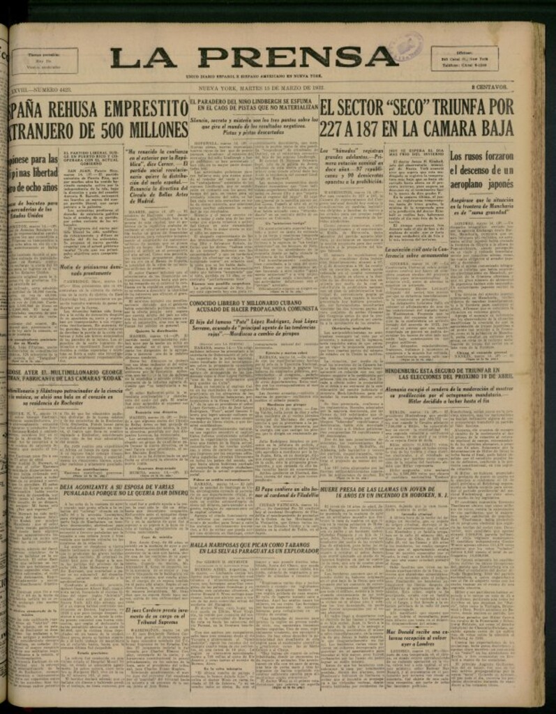 Miniatura de La Prensa: único diario español e hispano americano en Nueva York del 15 de marzo de 1932, nº 4423