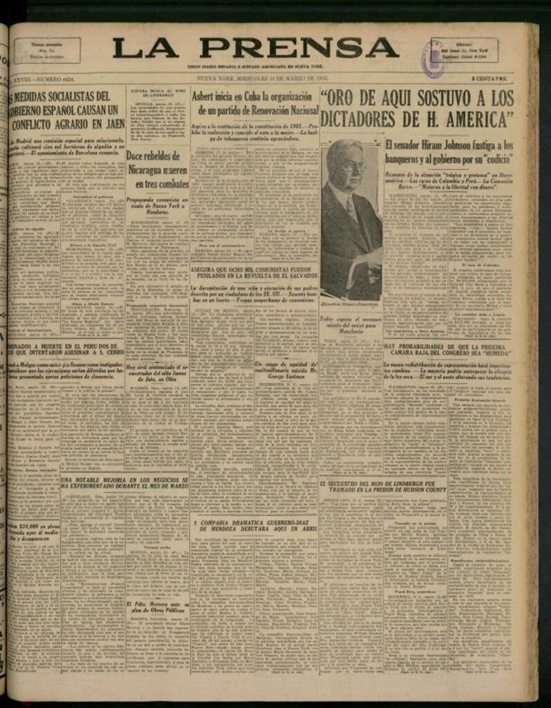 Miniatura de La Prensa: único diario español e hispano americano en Nueva York del 16 de marzo de 1932, nº 4424