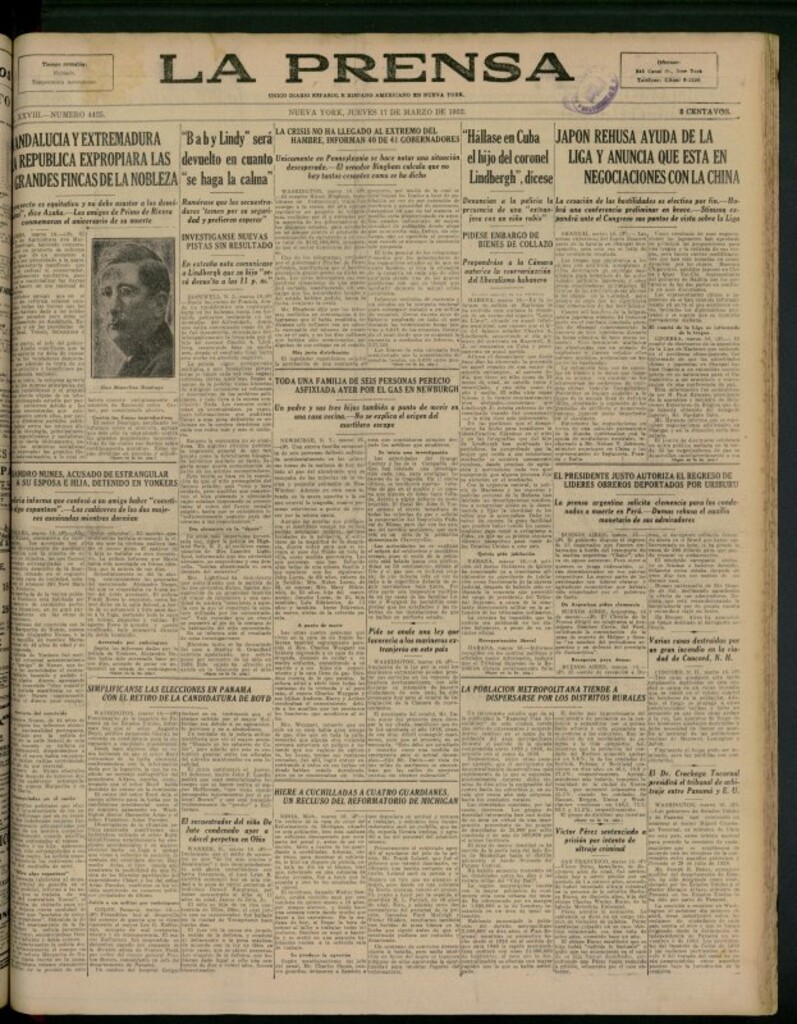 Miniatura de La Prensa: único diario español e hispano americano en Nueva York del 17 de marzo de 1932, nº 4425