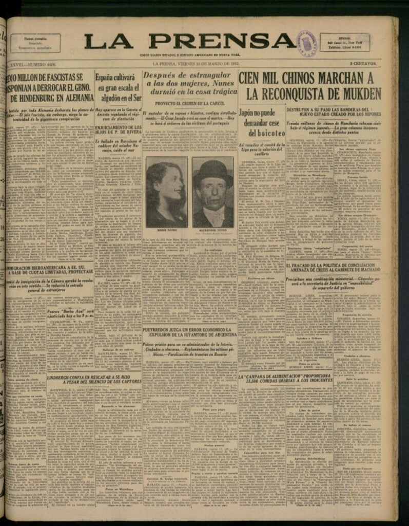 Miniatura de La Prensa: único diario español e hispano americano en Nueva York del 18 de marzo de 1932, nº 4426