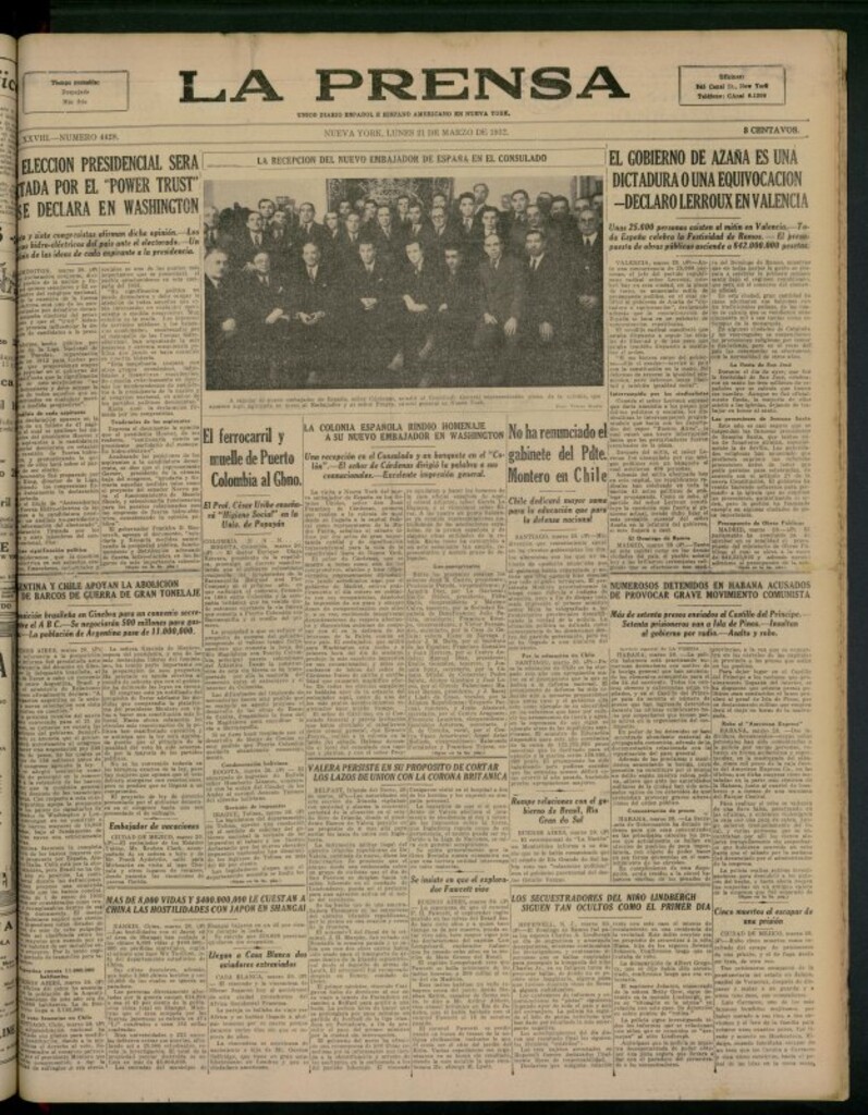 Miniatura de La Prensa: único diario español e hispano americano en Nueva York del 21 de marzo de 1932, nº 4428