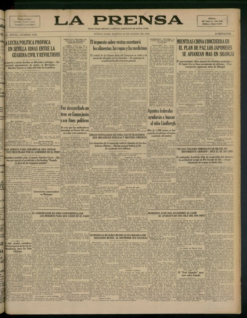 Miniatura de La Prensa: único diario español e hispano americano en Nueva York del 22 de marzo de 1932, nº 4429