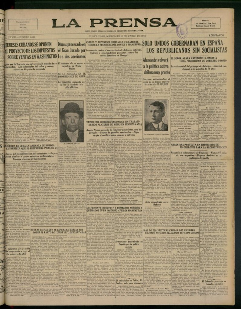 Miniatura de La Prensa: único diario español e hispano americano en Nueva York del 23 de marzo de 1932, nº 4430
