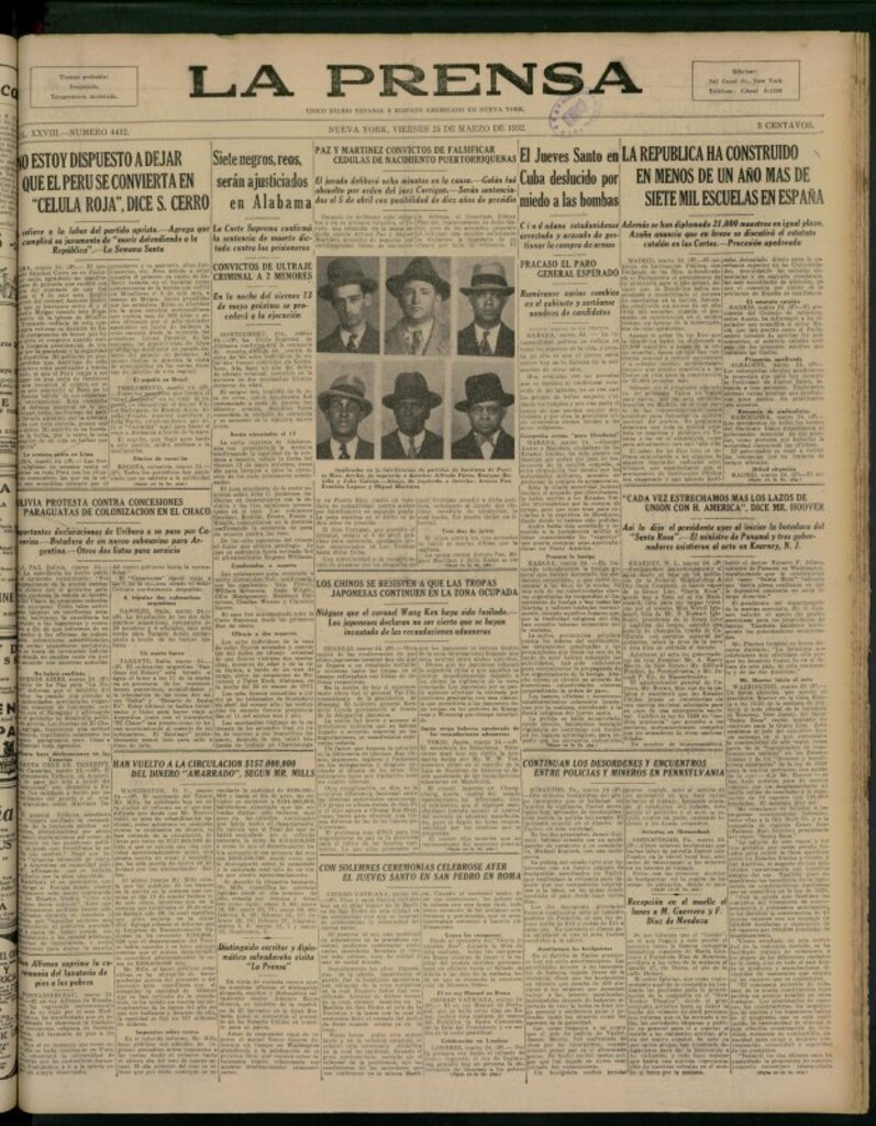 Miniatura de La Prensa: único diario español e hispano americano en Nueva York del 25 de marzo de 1932, nº 4432