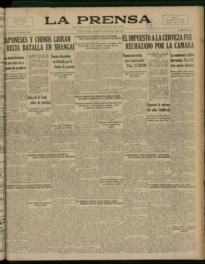 Miniatura de La Prensa: único diario español e hispano americano en Nueva York del 26 de marzo de 1932, nº 4433
