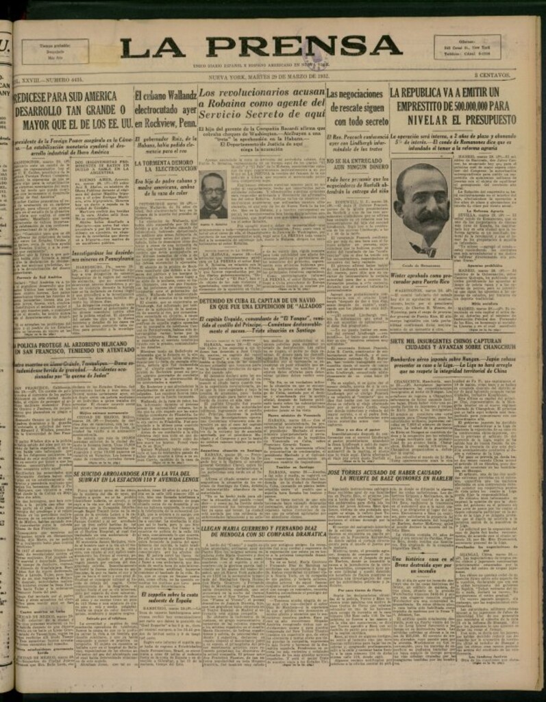 Miniatura de La Prensa: único diario español e hispano americano en Nueva York del 29 de marzo de 1932, nº 4435