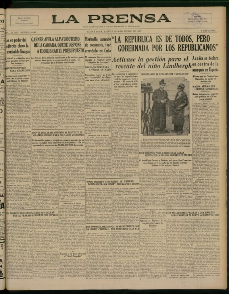 Miniatura de La Prensa: único diario español e hispano americano en Nueva York del 30 de marzo de 1932, nº 4436
