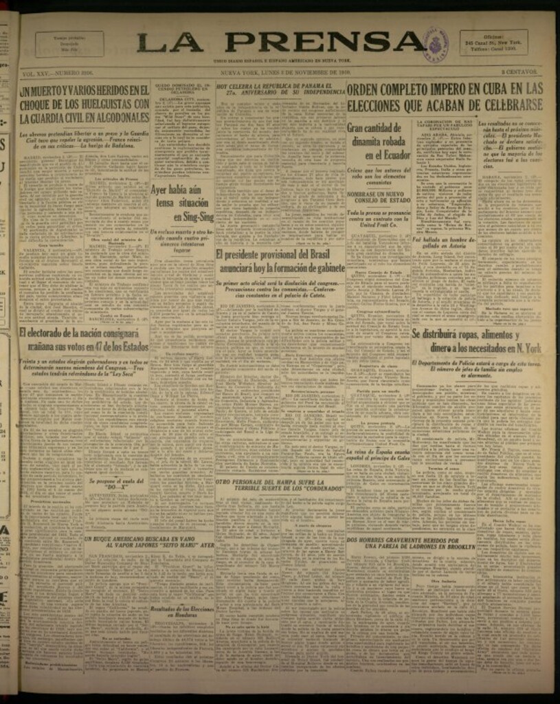 Miniatura de La Prensa: único diario español e hispano americano en Nueva York del 3 de noviembre de 1930, nº 3996