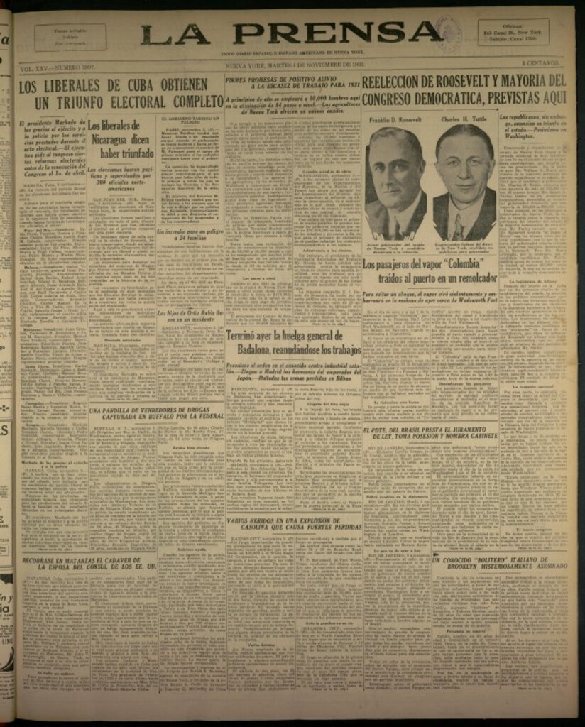 Miniatura de La Prensa: único diario español e hispano americano en Nueva York del 4 de noviembre de 1930, nº 3997