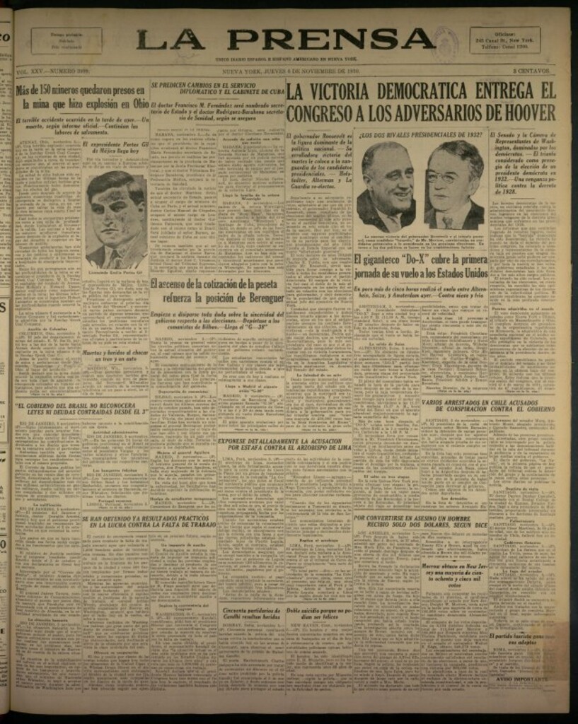 Miniatura de La Prensa: único diario español e hispano americano en Nueva York del 6 de noviembre de 1930, nº 3999