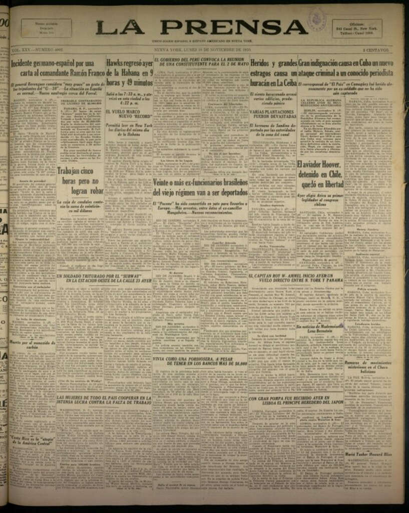 Miniatura de La Prensa: único diario español e hispano americano en Nueva York del 10 de noviembre de 1930, nº 3402