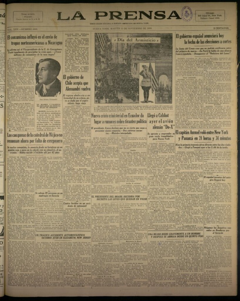 Miniatura de La Prensa: único diario español e hispano americano en Nueva York del 11 de noviembre de 1930, nº 3403