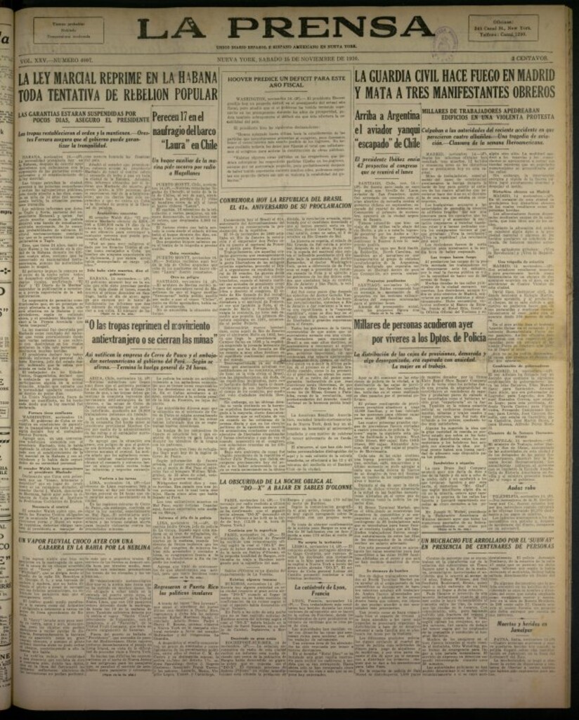 Miniatura de La Prensa: único diario español e hispano americano en Nueva York del 15 de noviembre de 1930, nº 3407