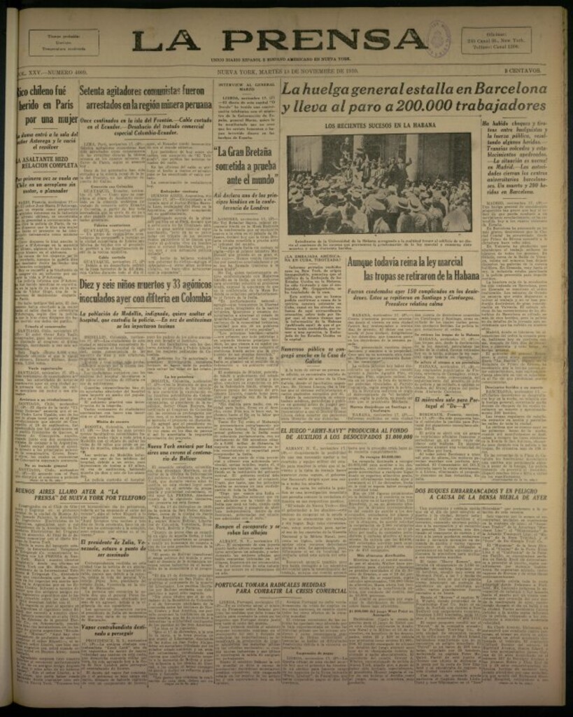 Miniatura de La Prensa: único diario español e hispano americano en Nueva York del 18 de noviembre de 1930, nº 3409