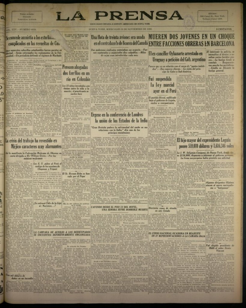 Miniatura de La Prensa: único diario español e hispano americano en Nueva York del 19 de noviembre de 1930, nº 3410