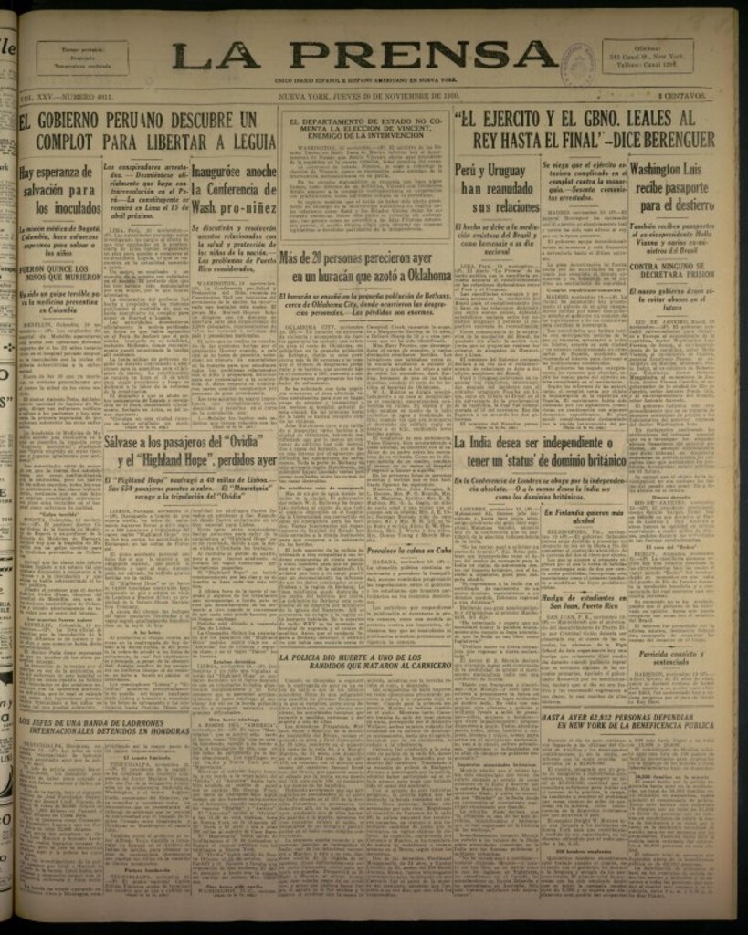 Miniatura de La Prensa: único diario español e hispano americano en Nueva York del 20 de noviembre de 1930, nº 3411