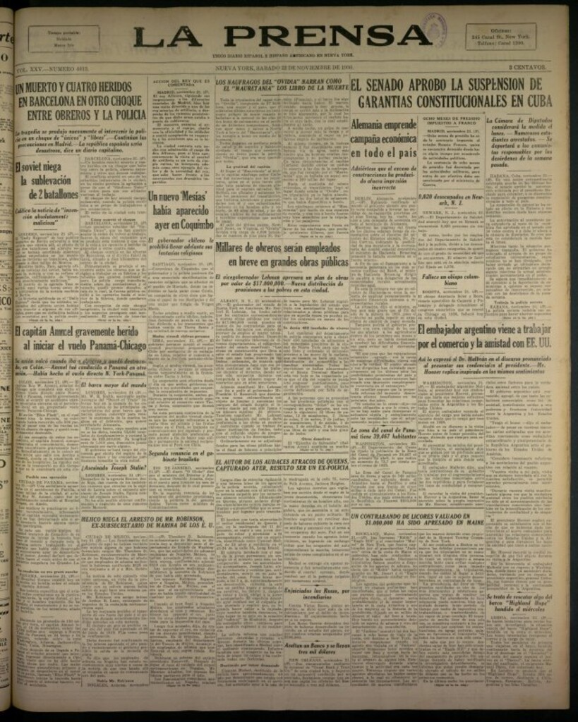 Miniatura de La Prensa: único diario español e hispano americano en Nueva York del 22 de noviembre de 1930, nº 3413