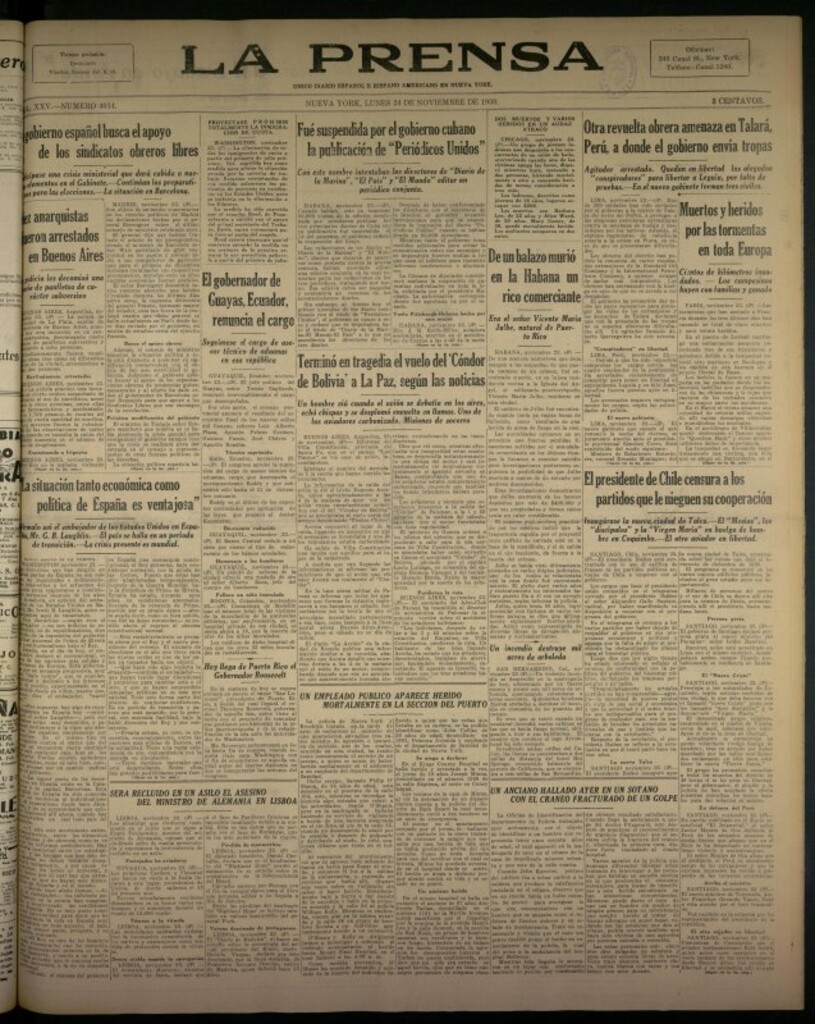 Miniatura de La Prensa: único diario español e hispano americano en Nueva York del 24 de noviembre de 1930, nº 3414