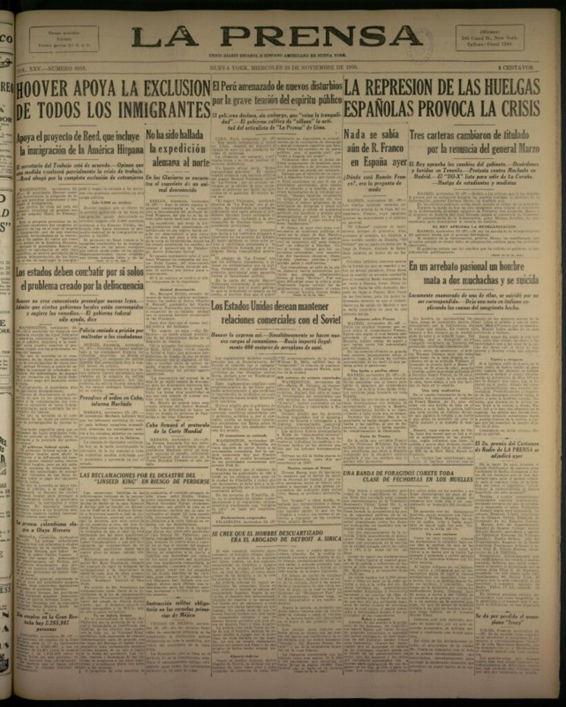 Miniatura de La Prensa: único diario español e hispano americano en Nueva York del 26 de noviembre de 1930, nº 3416