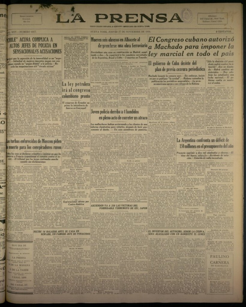 Miniatura de La Prensa: único diario español e hispano americano en Nueva York del 27 de noviembre de 1930, nº 3417