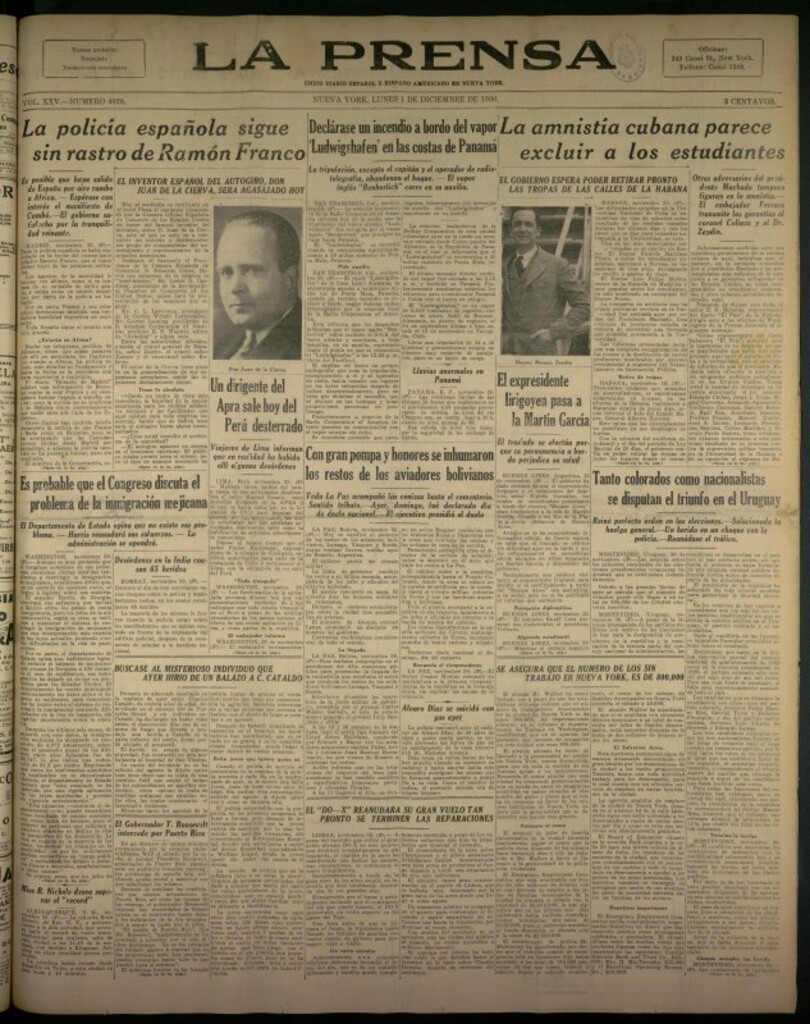 Miniatura de La Prensa: único diario español e hispano americano en Nueva York del 1 de diciembre de 1930, nº 3420