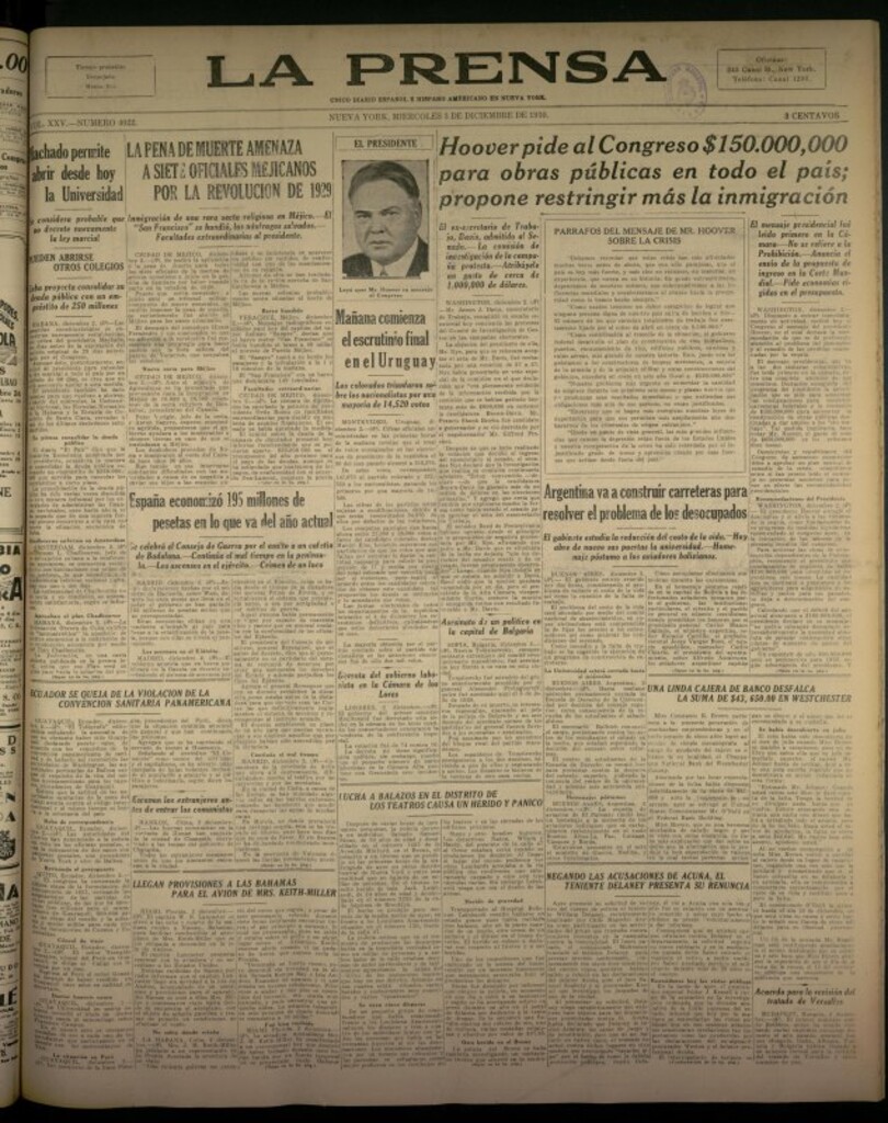 Miniatura de La Prensa: único diario español e hispano americano en Nueva York del 3 de diciembre de 1930, nº 3422