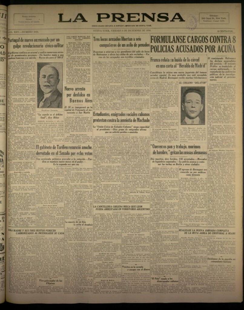 Miniatura de La Prensa: único diario español e hispano americano en Nueva York del 5 de diciembre de 1930, nº 3424