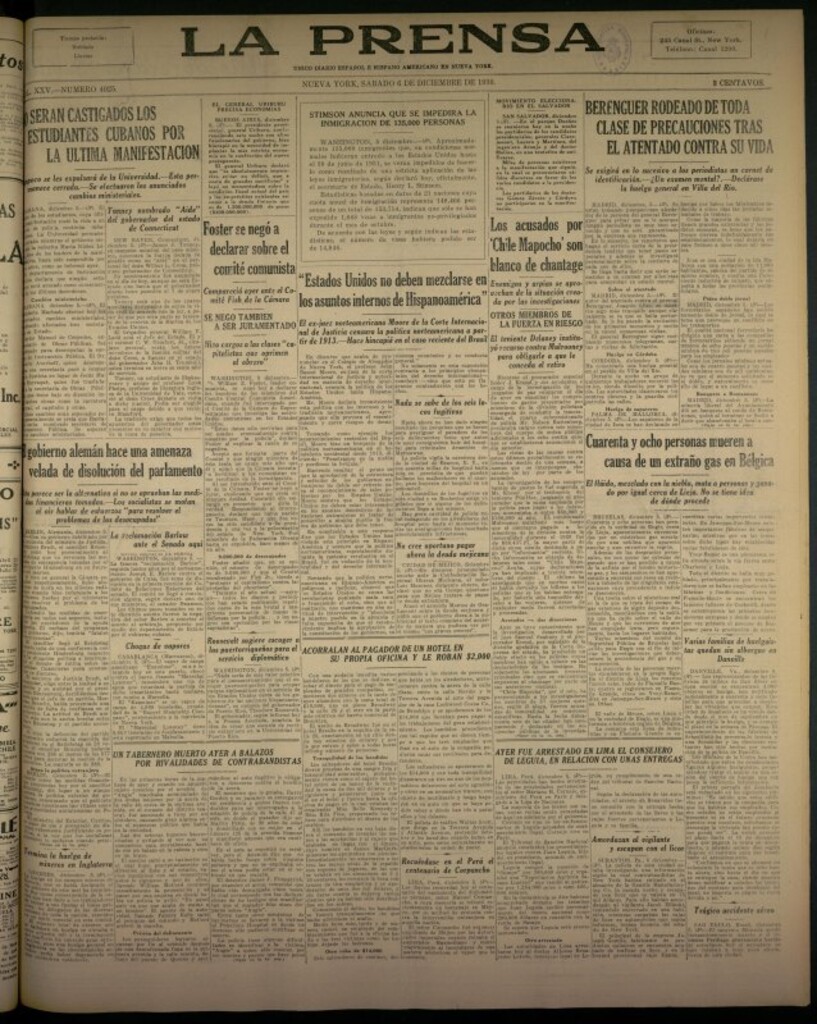 Miniatura de La Prensa: único diario español e hispano americano en Nueva York del 6 de diciembre de 1930, nº 3425